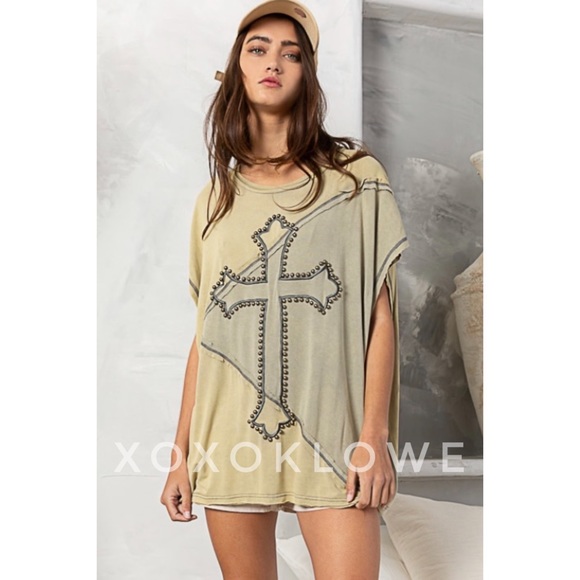 POL Tops - POL Olive Two Tone Studded & Embroidered Cross Top
